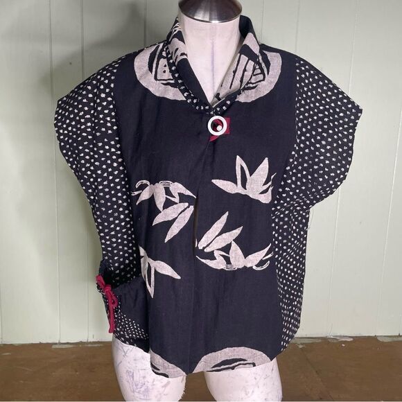 HAND CRAFTED‎ Art To Wear Lagenlook Asian Cotton Kimono Jacket Topper L - Picture 1 of 8